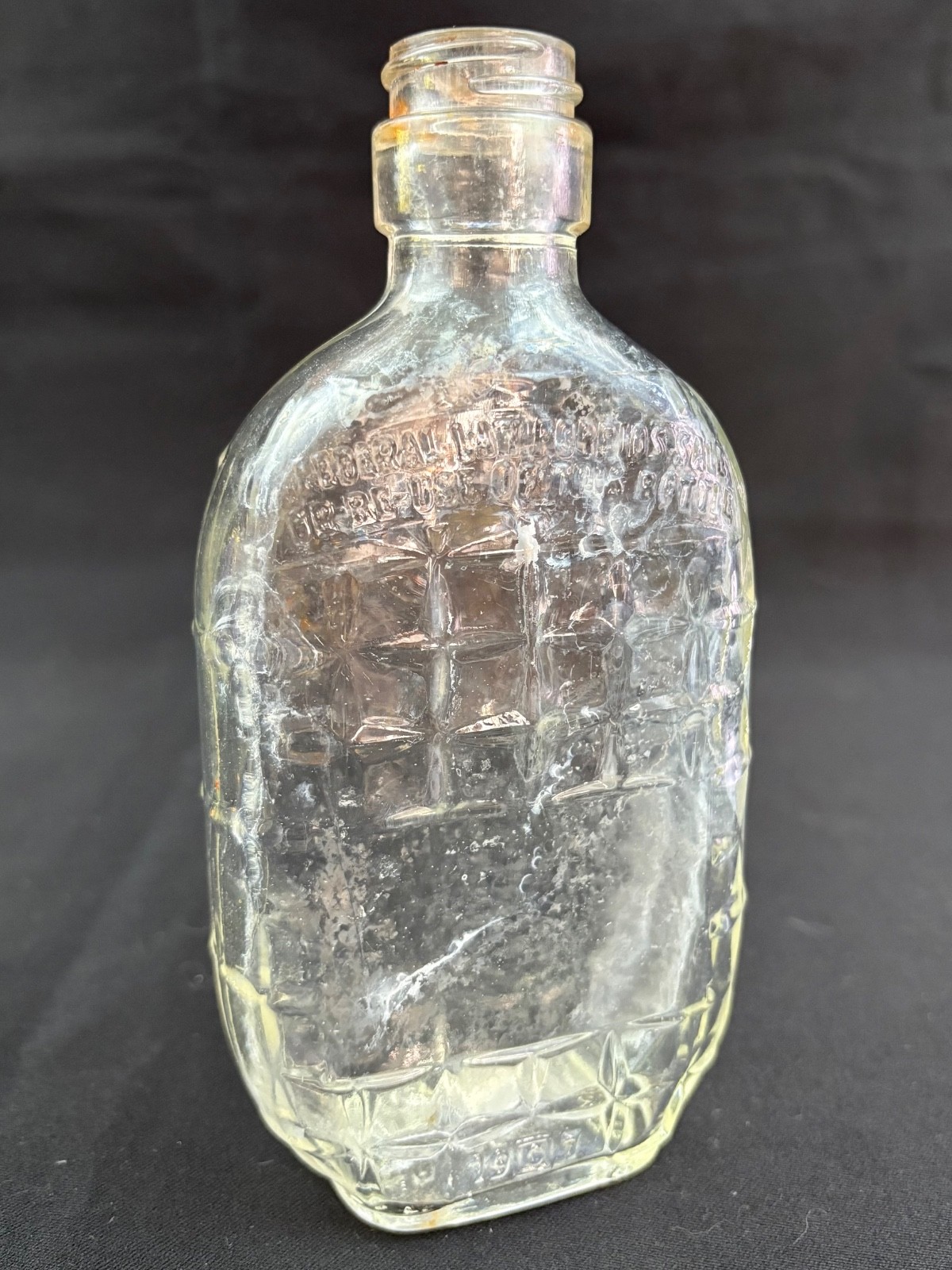 Textured Clear Glass Liquor Bottle Alcohol Embossed 6.5” Tall Half Pint Flask