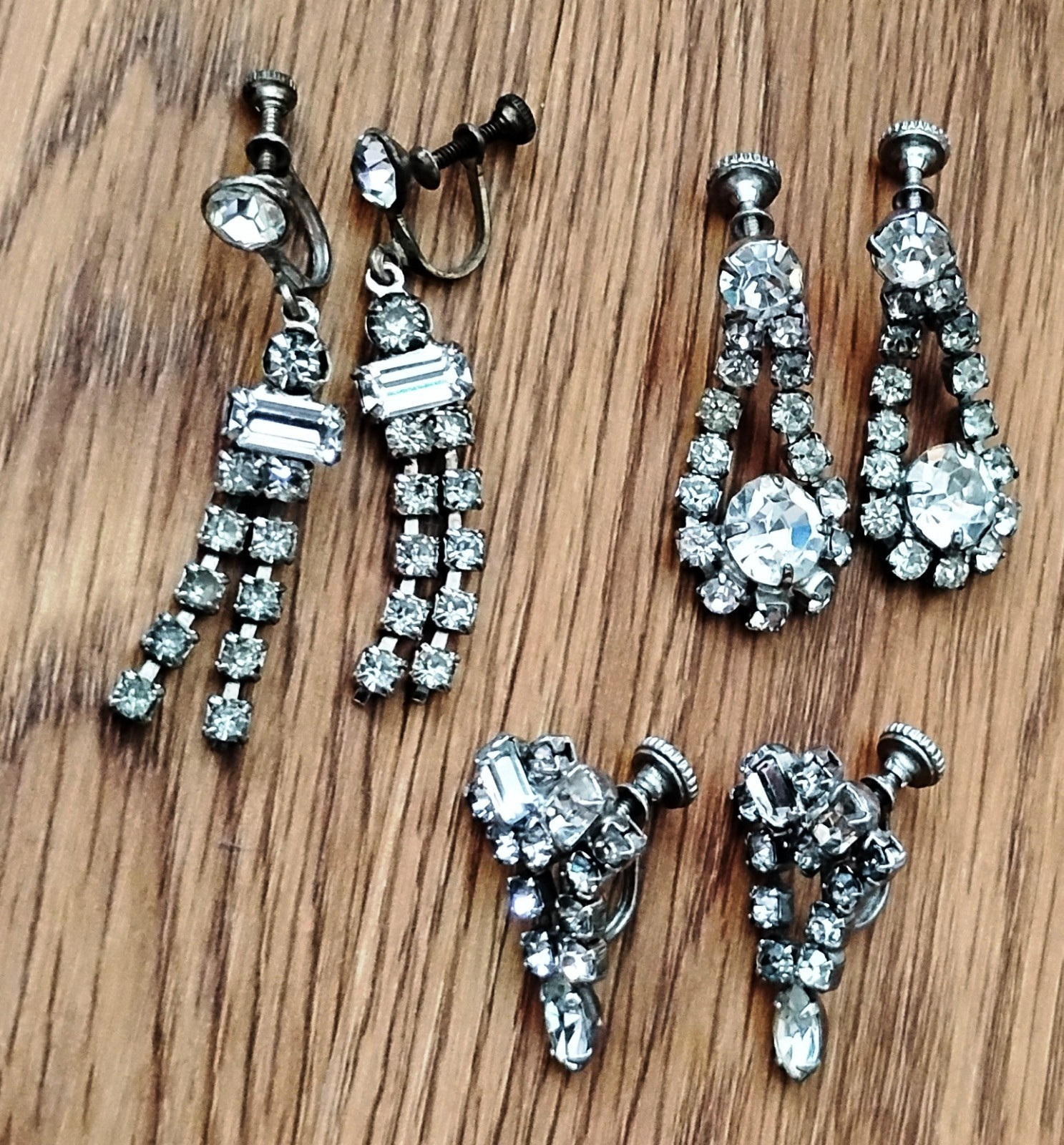 3 pairs Vintage 50's CLIP Screw Back Earrings RHINESTONE Dangle Drop Silvertone