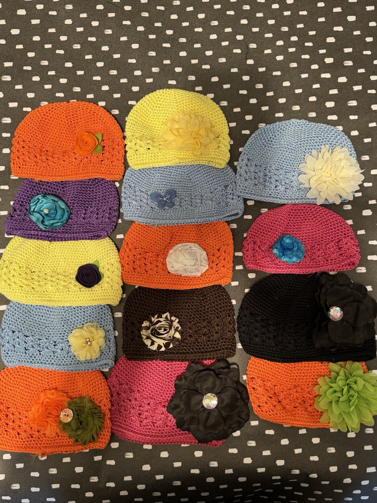 Lot Of 14 Crocheted Kids Baby Kufi Beanie Hats Small/Medium Embellished Multi