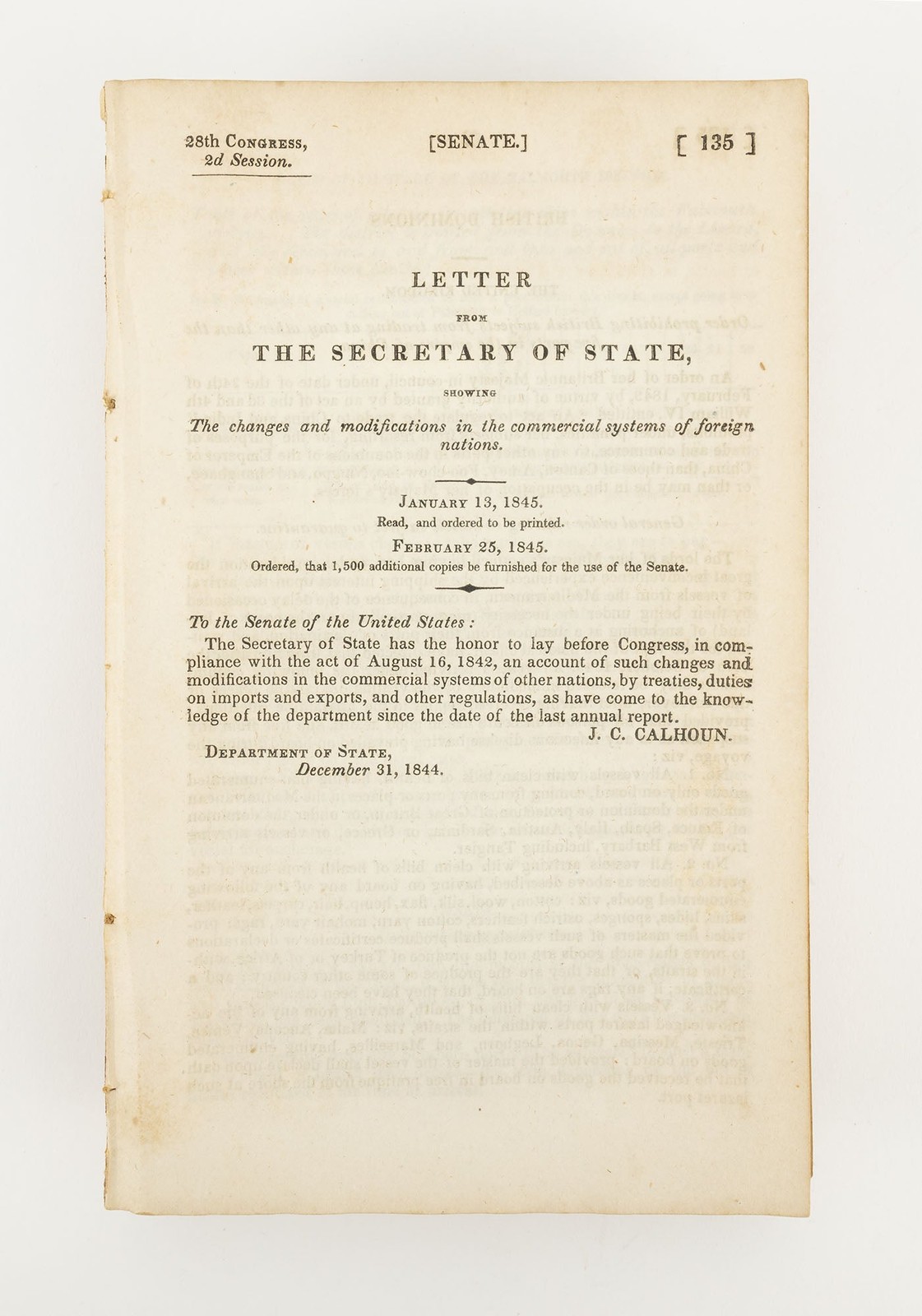 [U.S. Congress] – 1845 Secretary of State Report on Foreign Trade Laws, Global…