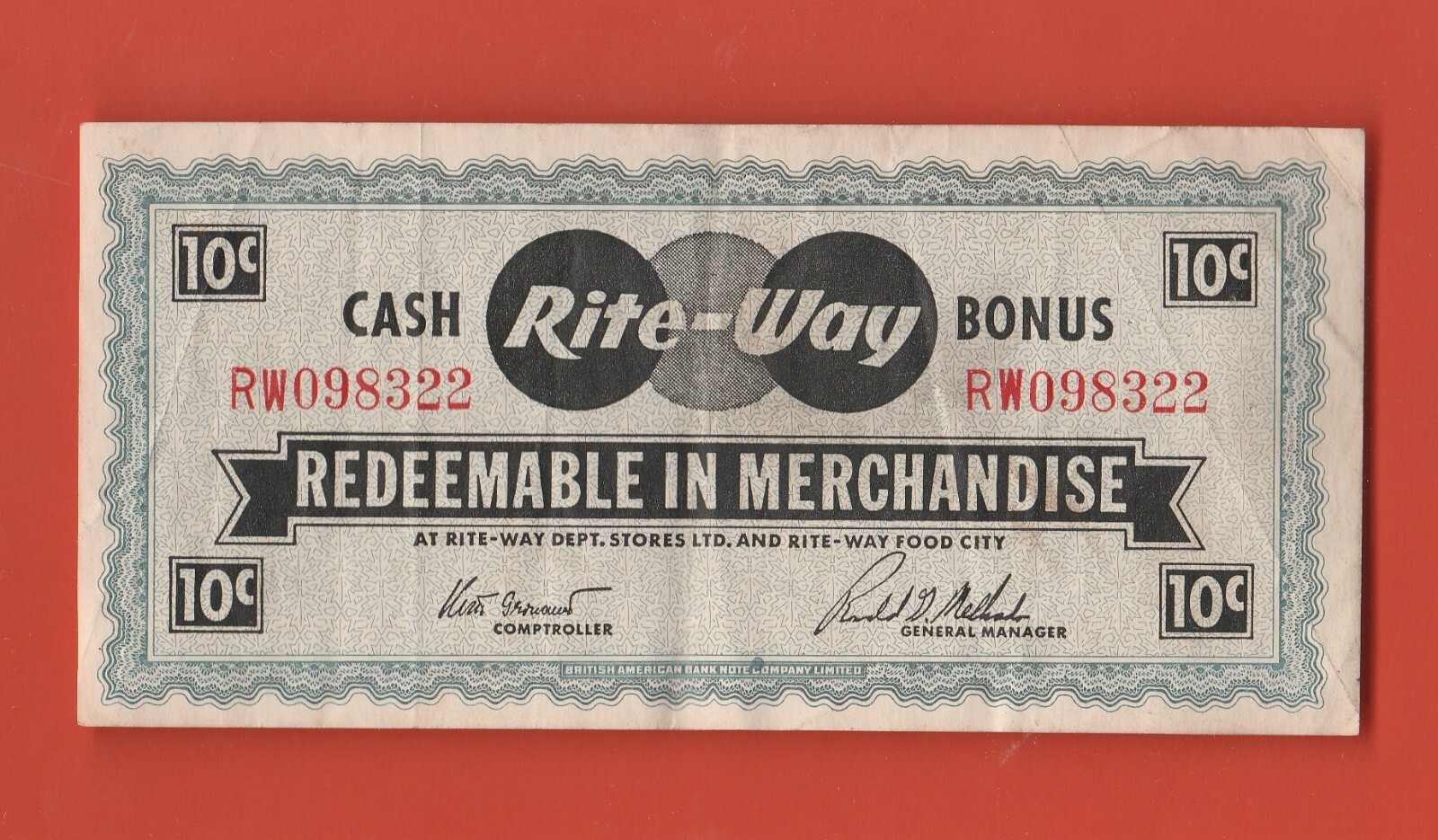 VINTAGE 1960'S RITE-WAY MERCHANDISE 10 CENT COUPON