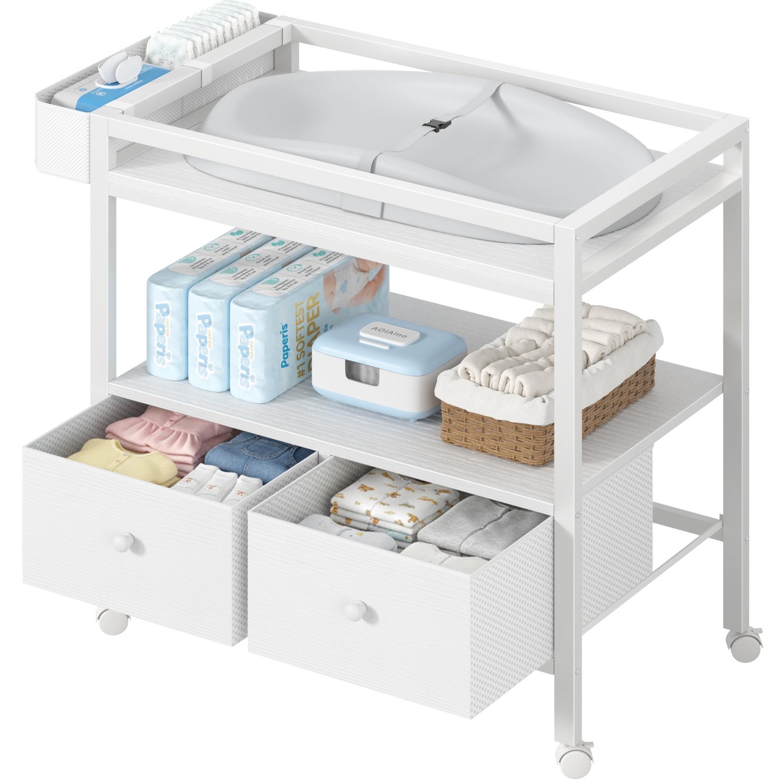 Baby Changing Table with Storage, White Baby Dresser with Changing Table Top,...