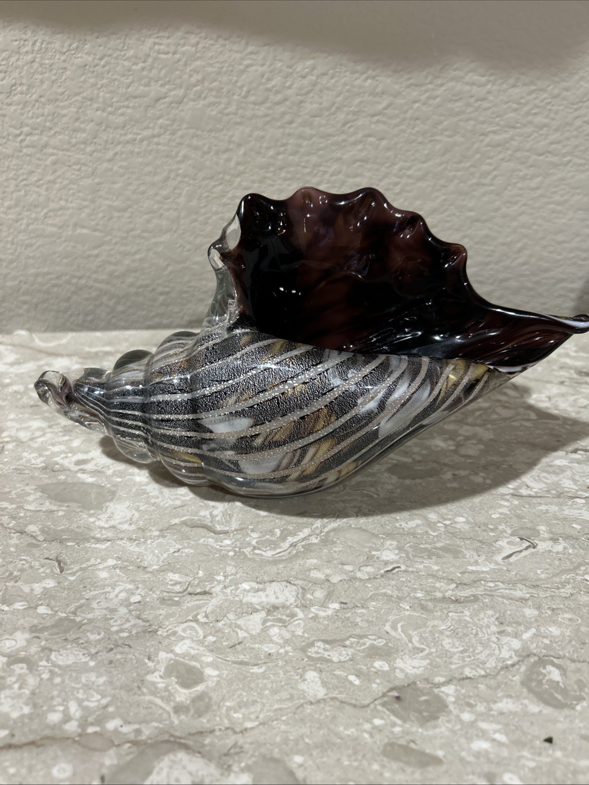 Hand Blown Glass 9” Long Conch Sea Shell Murano Style Brown Gray