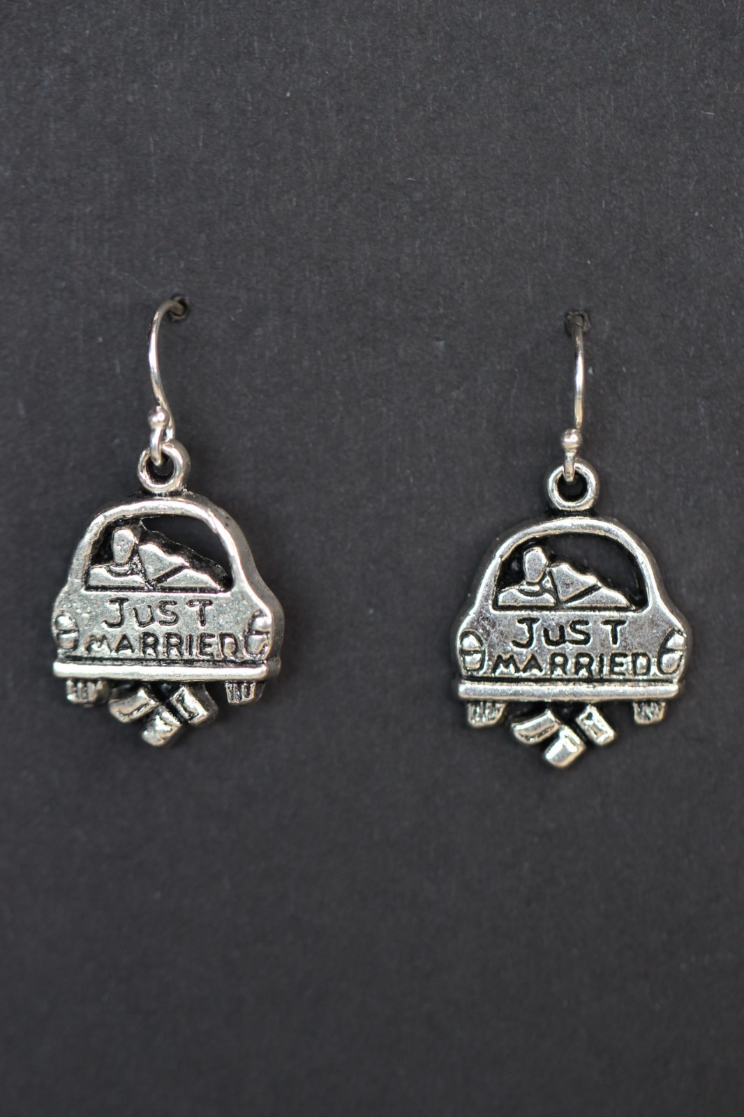 Just Married Charm Earrings 925 sterling silver hooks pewter charms 1 1/4" Cars