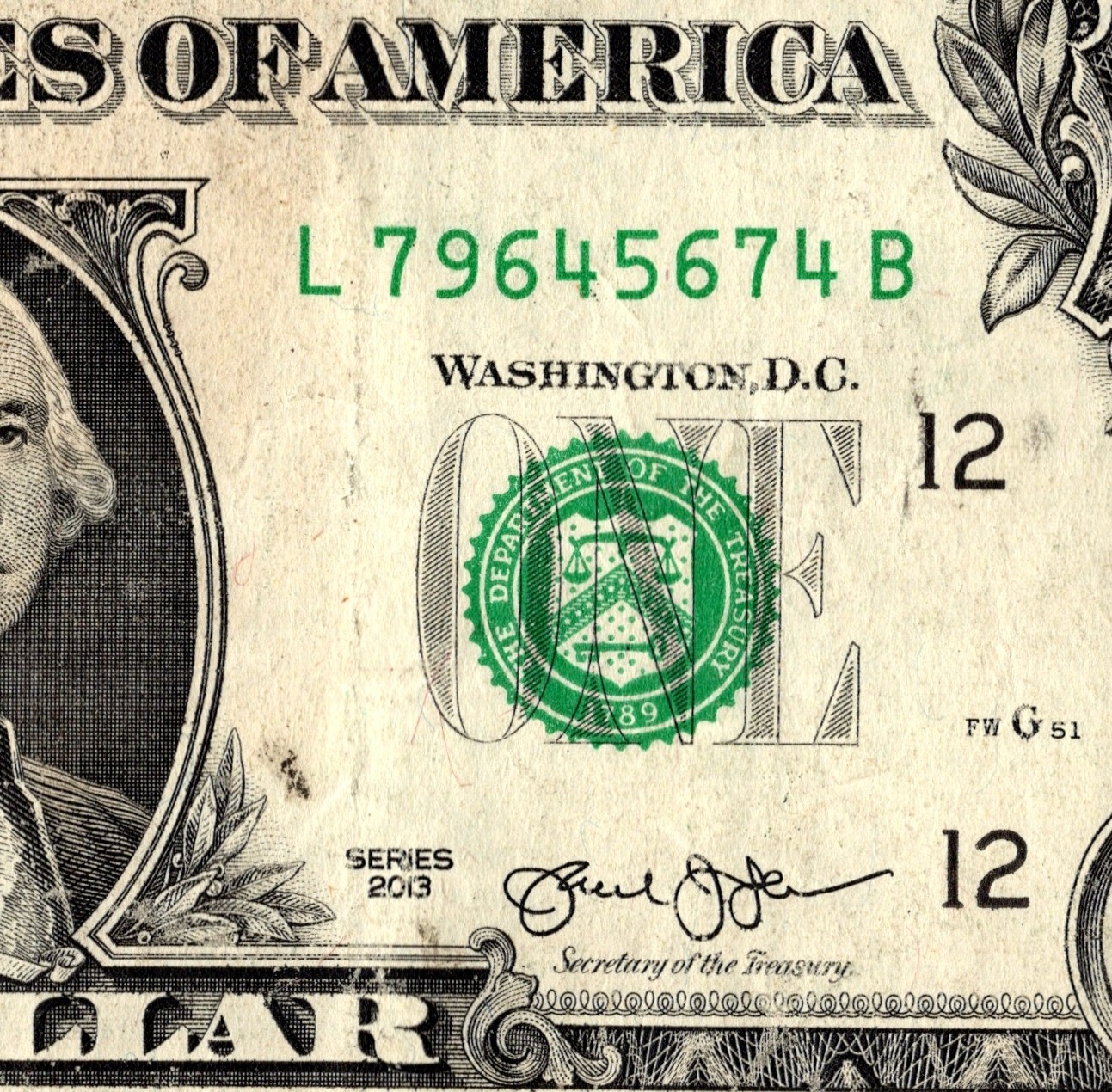 4 digit ladder Fancy Serial Number One Dollar Bill L79645674B