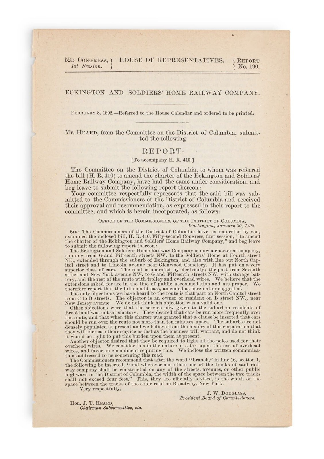 [U.S. Congress] – 1892 House Report on Eckington and Soldiers’ Home Railway…
