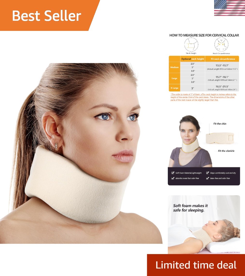 Soft Foam Cervical Collar - Adjustable Neck Brace for Pain Relief, Medium Size