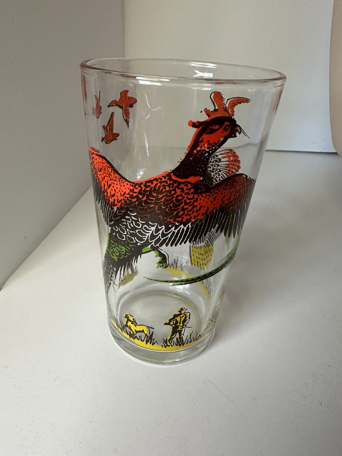 Hazel Atlas Gold Pheasant Barware Glasses Lot of 8 hunting dog hunter