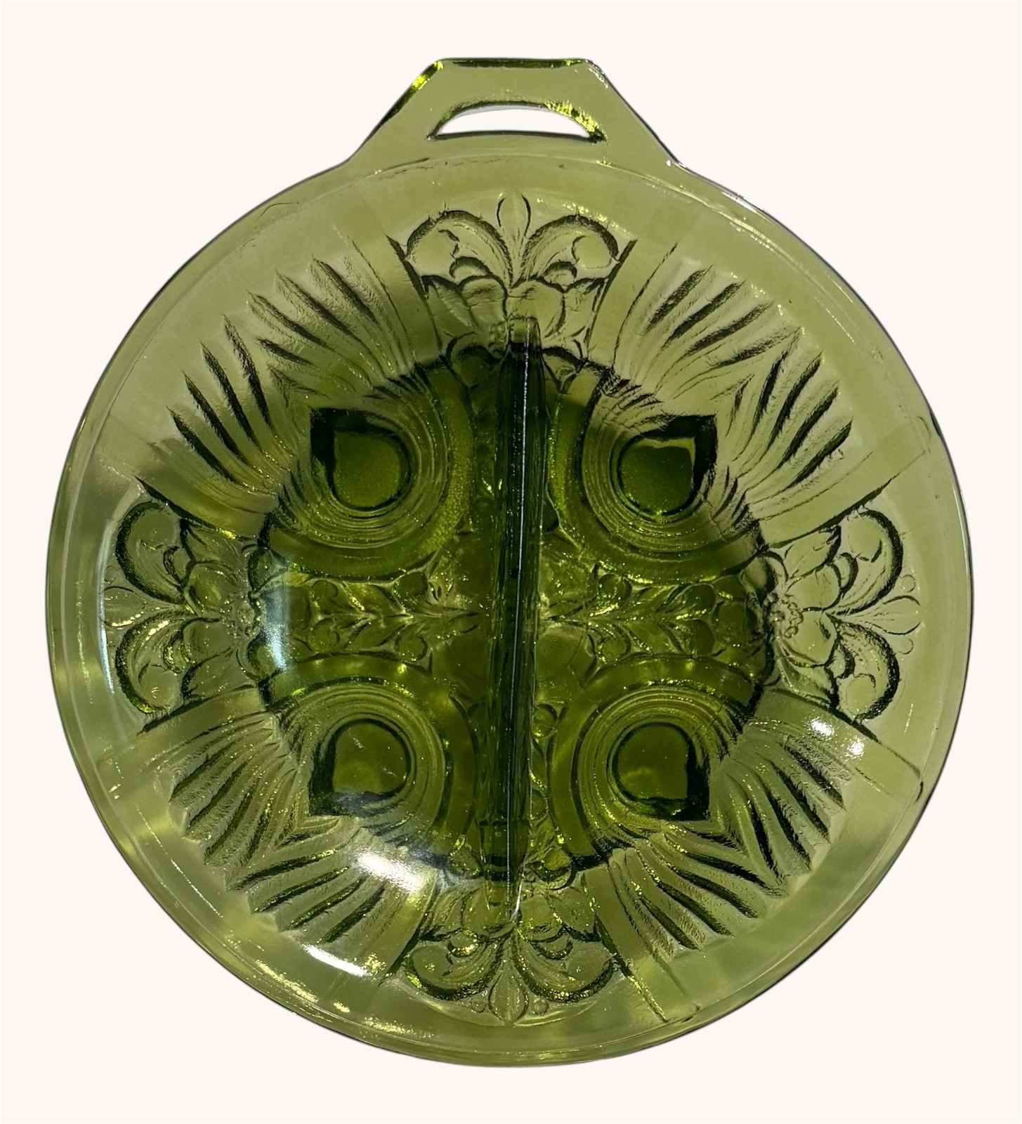 Indiana Glass Killarney Avocado Green Divided Relish Dish 7.5” Vintage