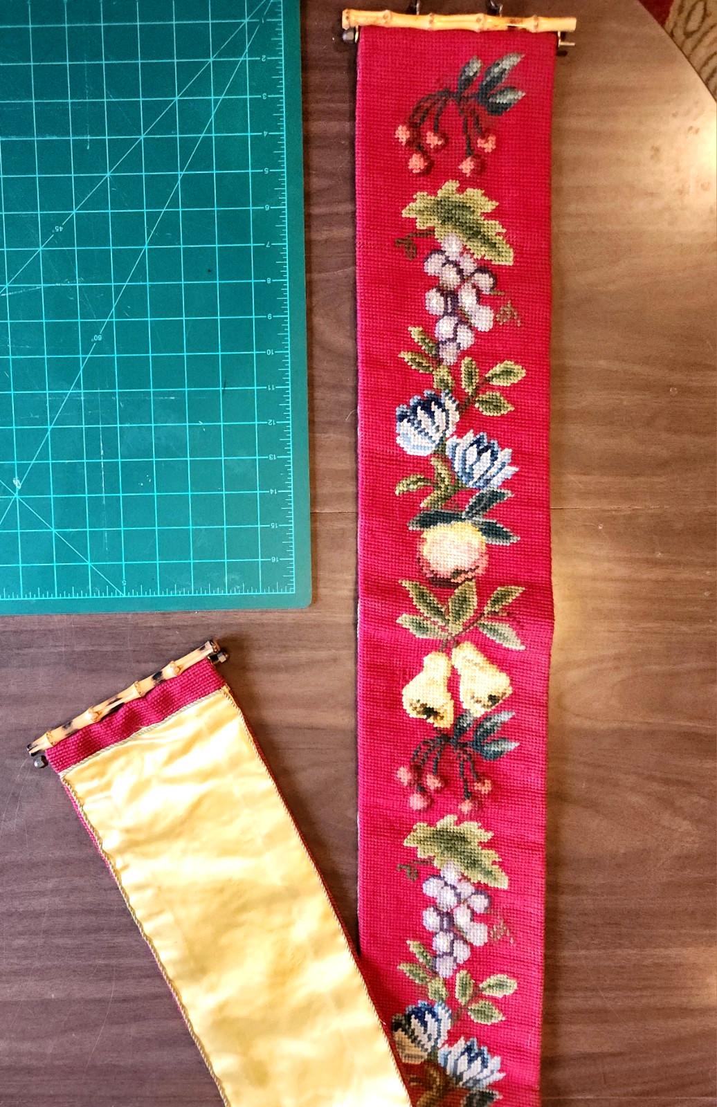 Vtg Needlepoint Bell Pull Wall Hanging Fruit 60" x 5.5"