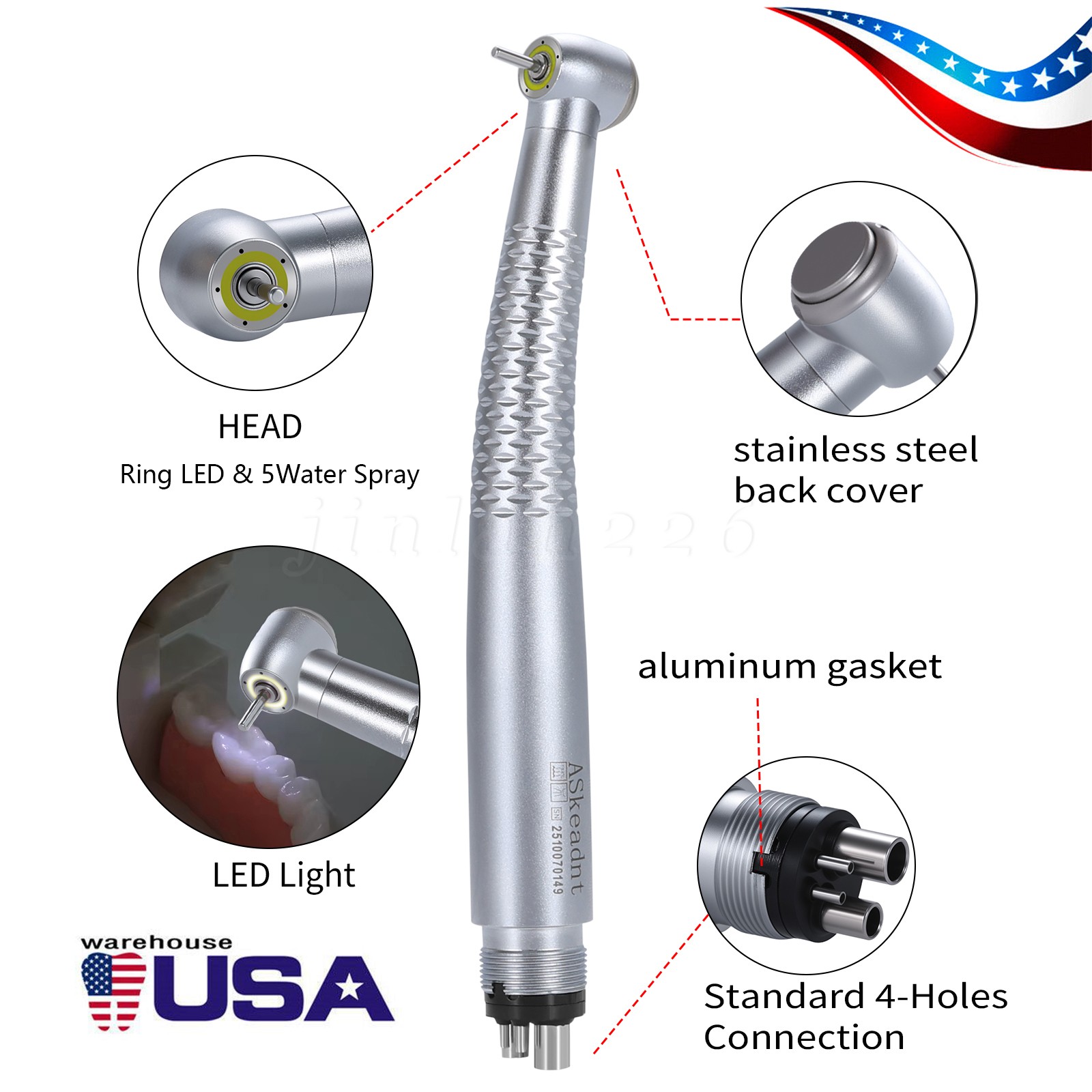 Dental E-generator Shadowless Ring LED High Speed Handpiece Ceramic Bearing 4 H