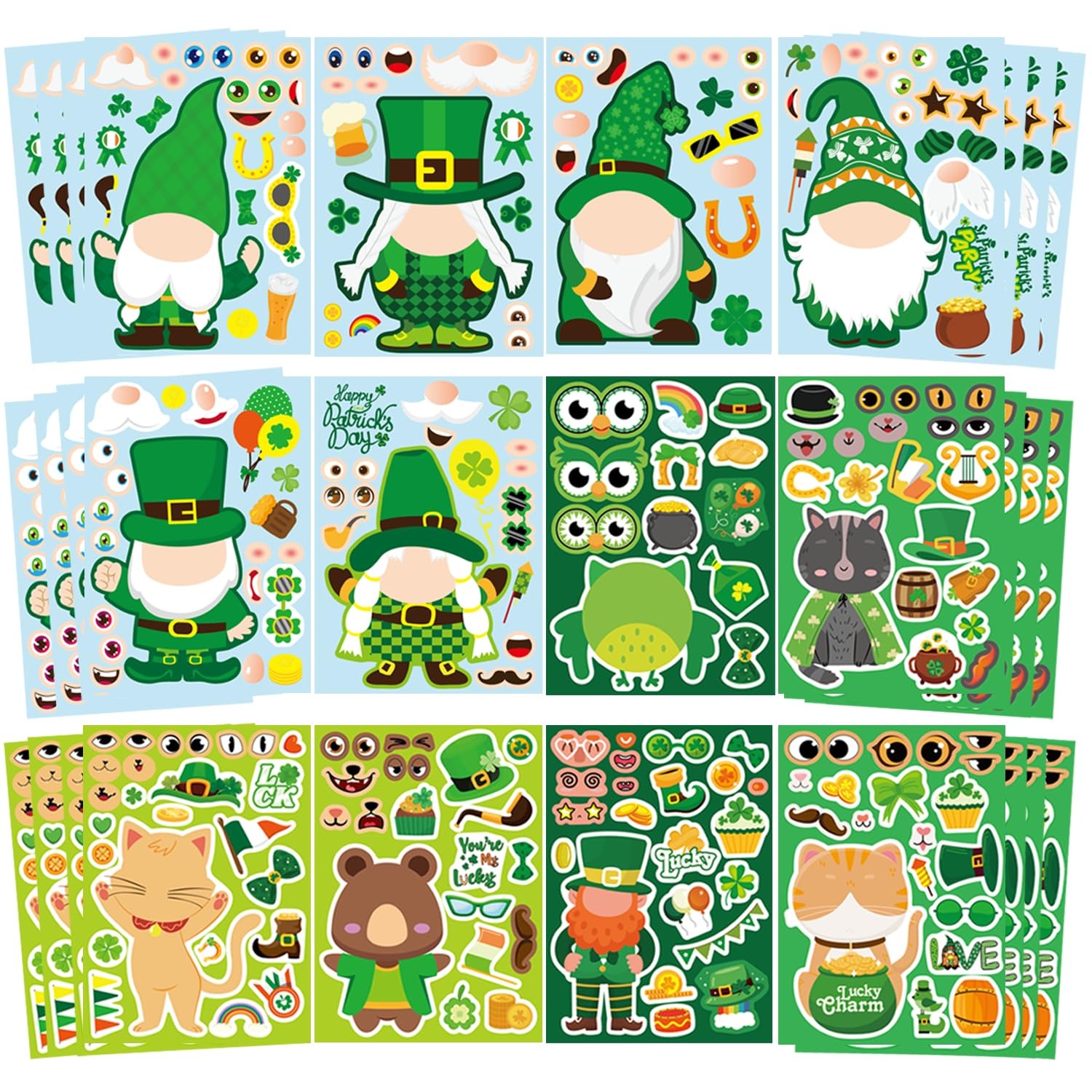 48PCS St Patricks Day Stickers for Kids, Make a Leprechaun Gnome Face Color 