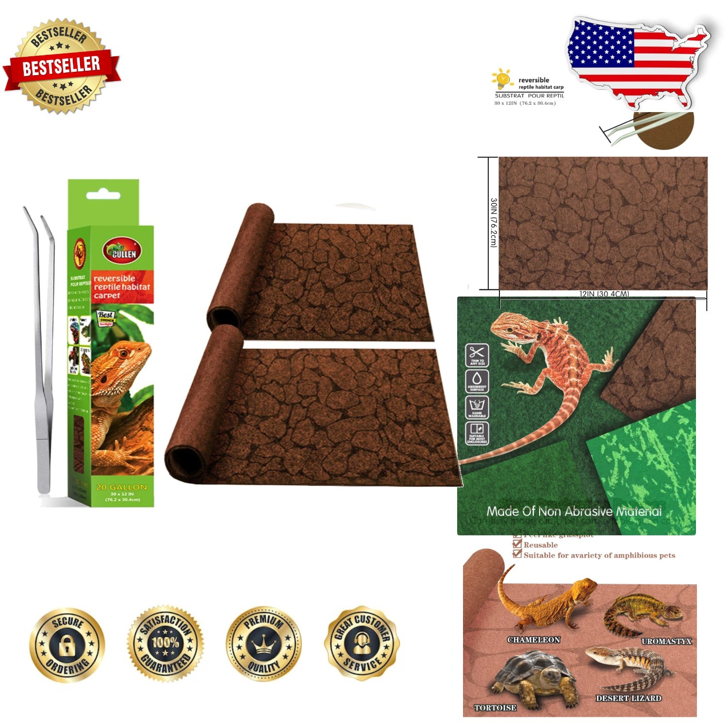 Reptile Carpet 2 Pack, 30x12in Terrarium Liner, Soft & Reusable Cage Mat