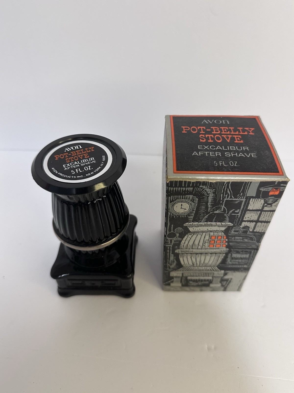 Vintage Avon Pot Belly Stove Excalibur After Shave 5oz. With Box Glass Decanter