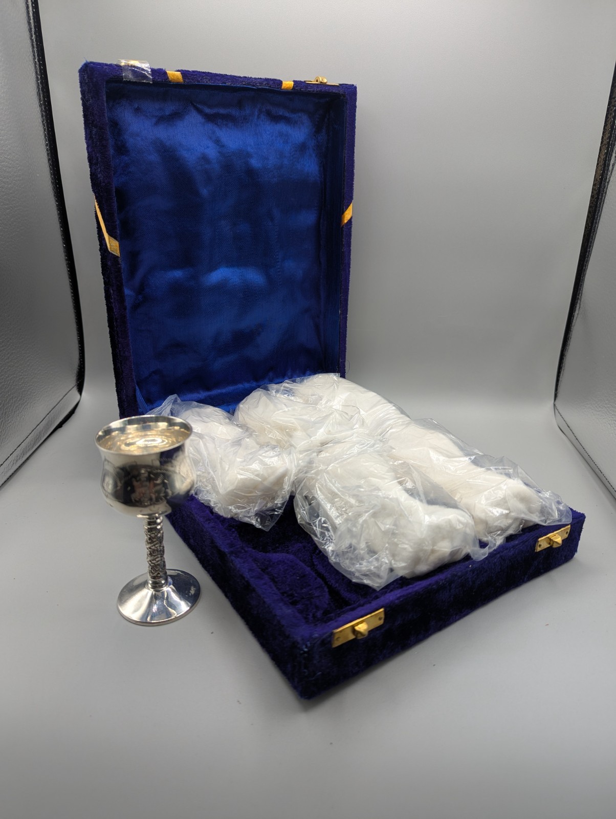 Vintage Set of 6 Silver-Plated, Etched Indian Goblets w/ Original Velvet Case