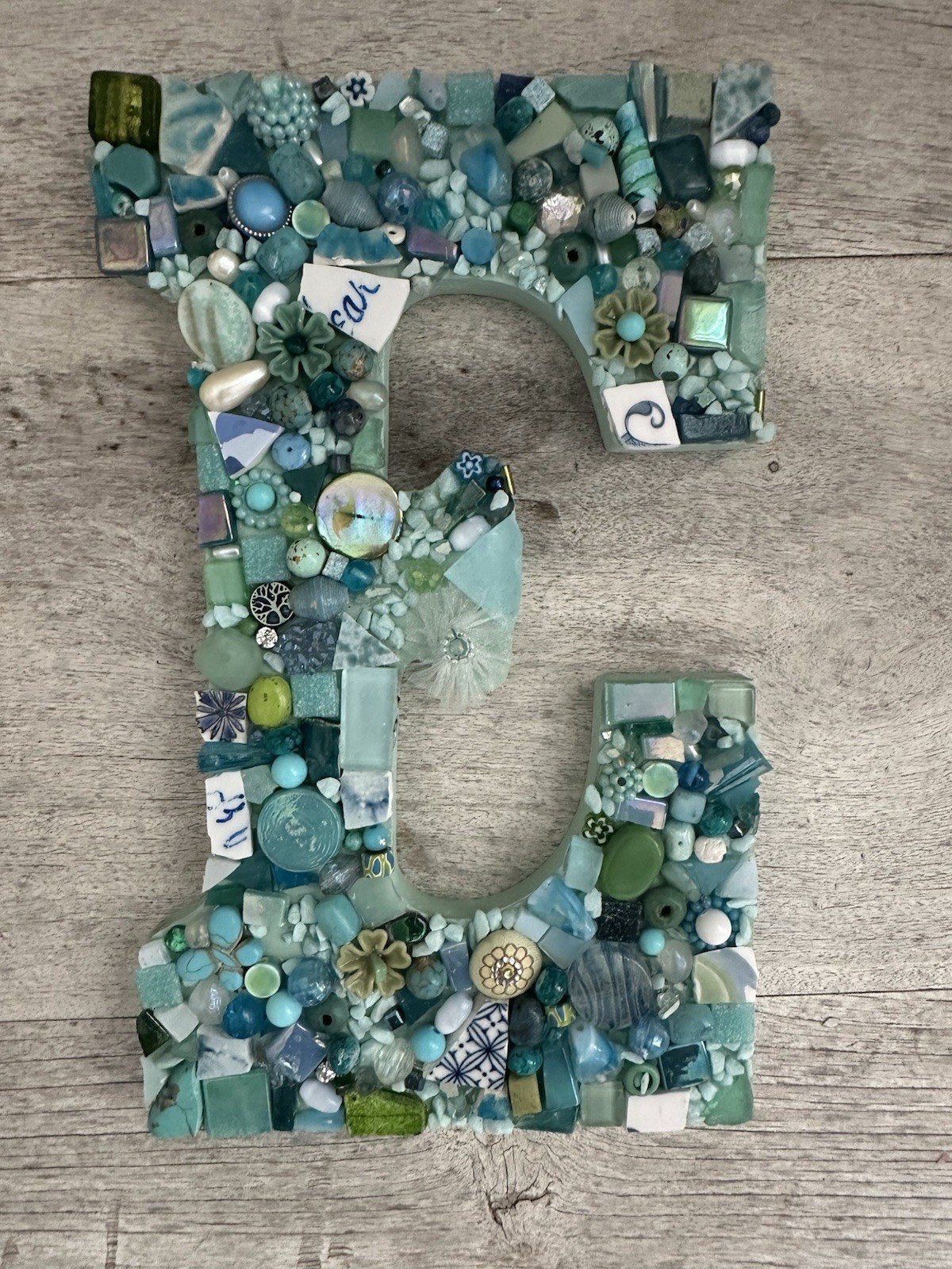Handmade Letter “E” Wall Art, Mosaic, Mixed Media, Beads, Tiles,misc, Aqua Blue