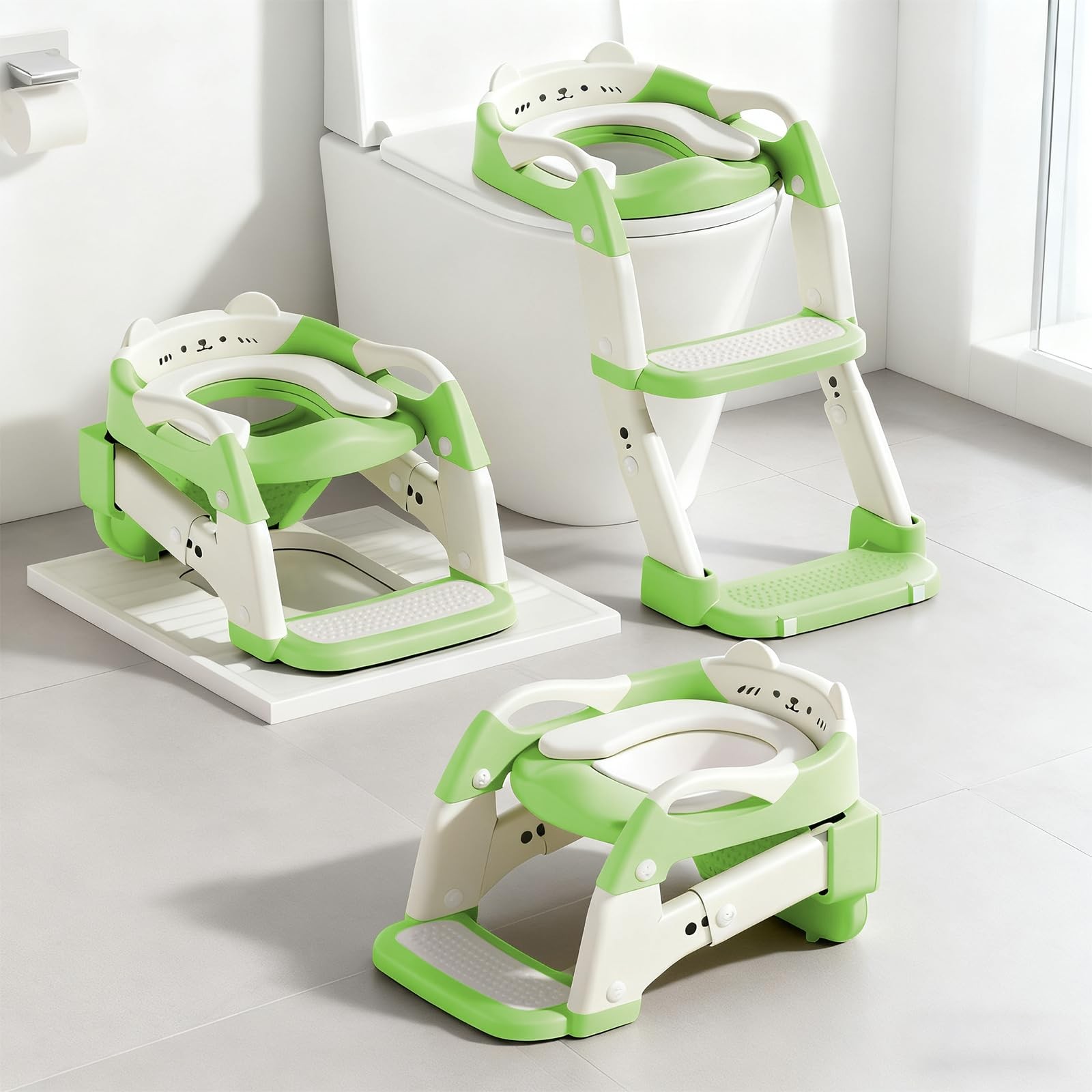 Green White Foldable Potty Training Toilet Seat Toddler Step Stool Ladder