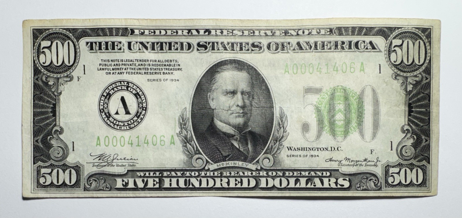 1934 $500 Federal Reserve Note, Boston, Massachusetts Lime Green Seal