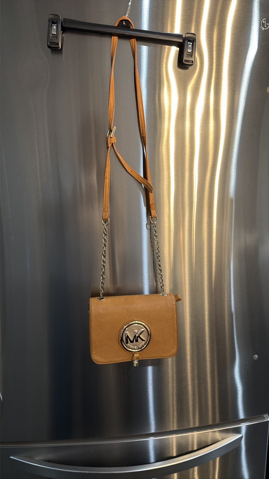 Michael Kors Fulton Brown Pebbled Leather Small Flap Crossbody Gold Chain