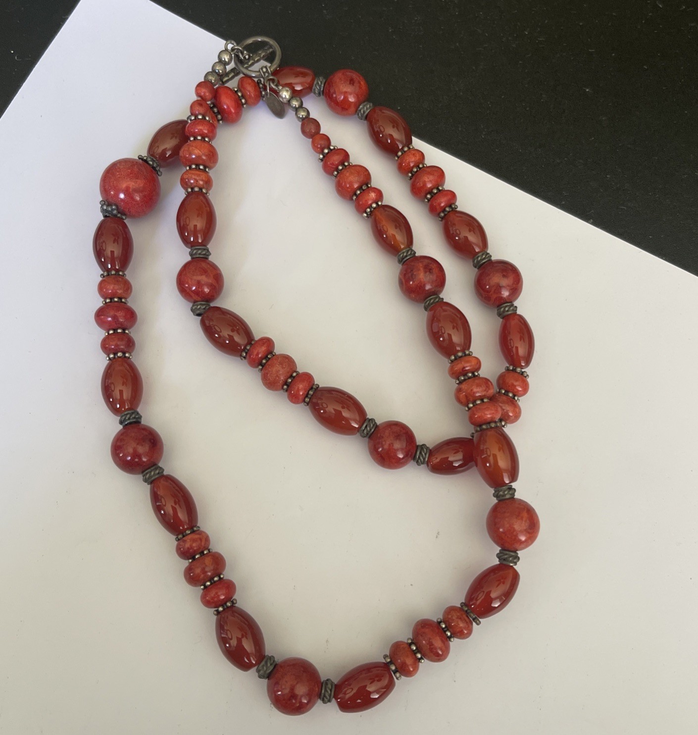 Gorgeous Vintage Signed BJ 925 Carnelian & Genuine Sponge Coral Necklace
