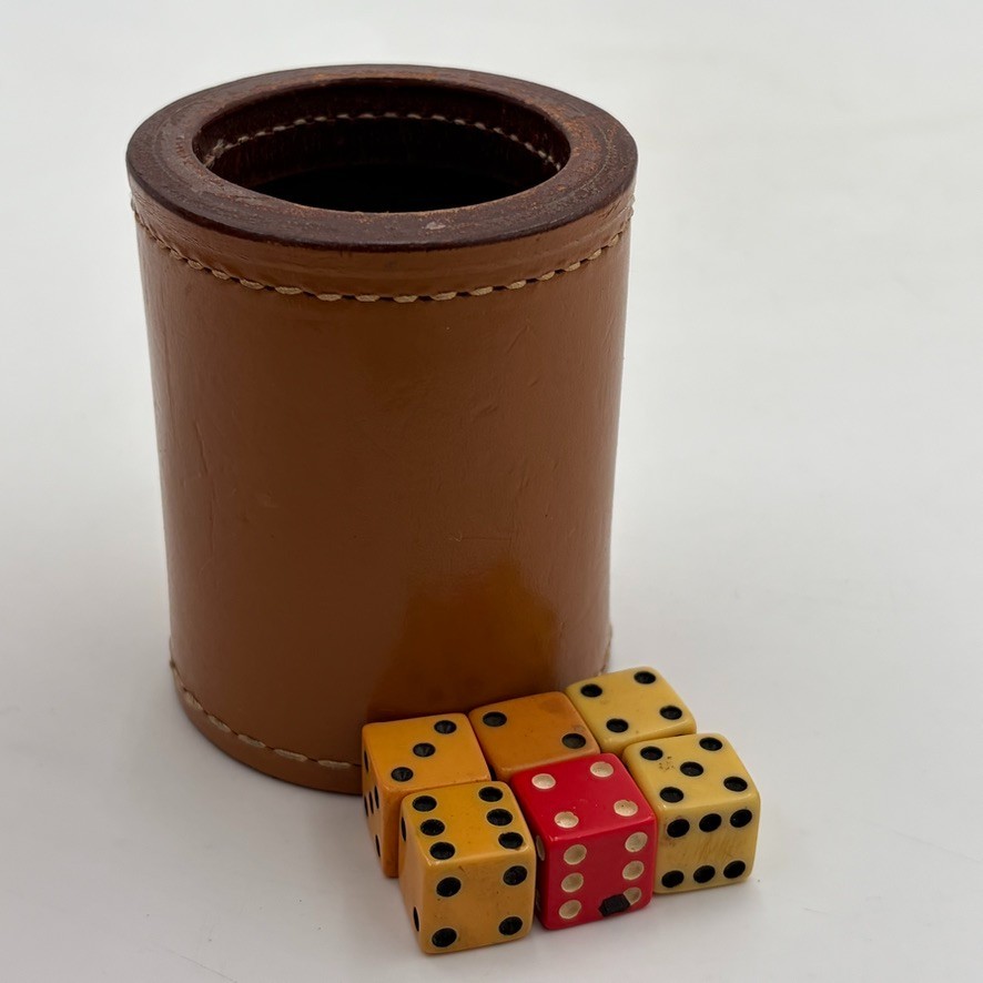 Antique Tan Brown Stitched Leather Dice Shaker Cup With Vintage 5 Dice