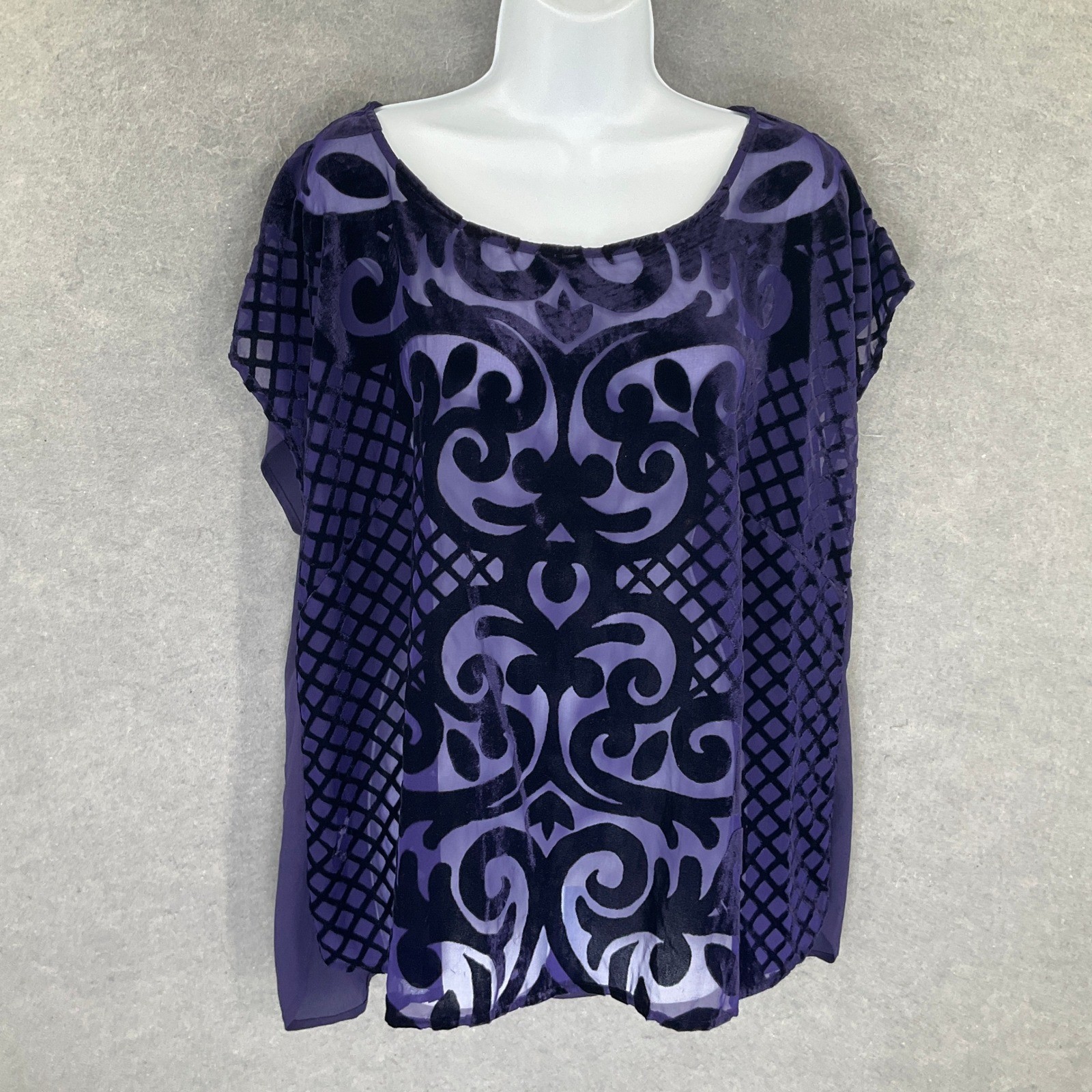 Lane Bryant Womens Purple Burnout Velvet Scroll Sheer Overlay Top Sz 14