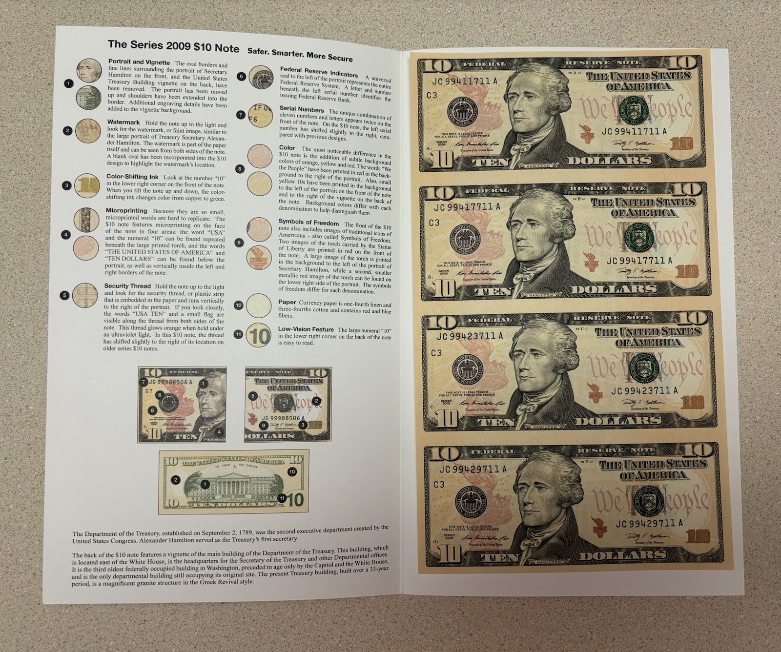 Series 2009 $10 Four-Note Uncut Currency Sheet W/ BEP Folder