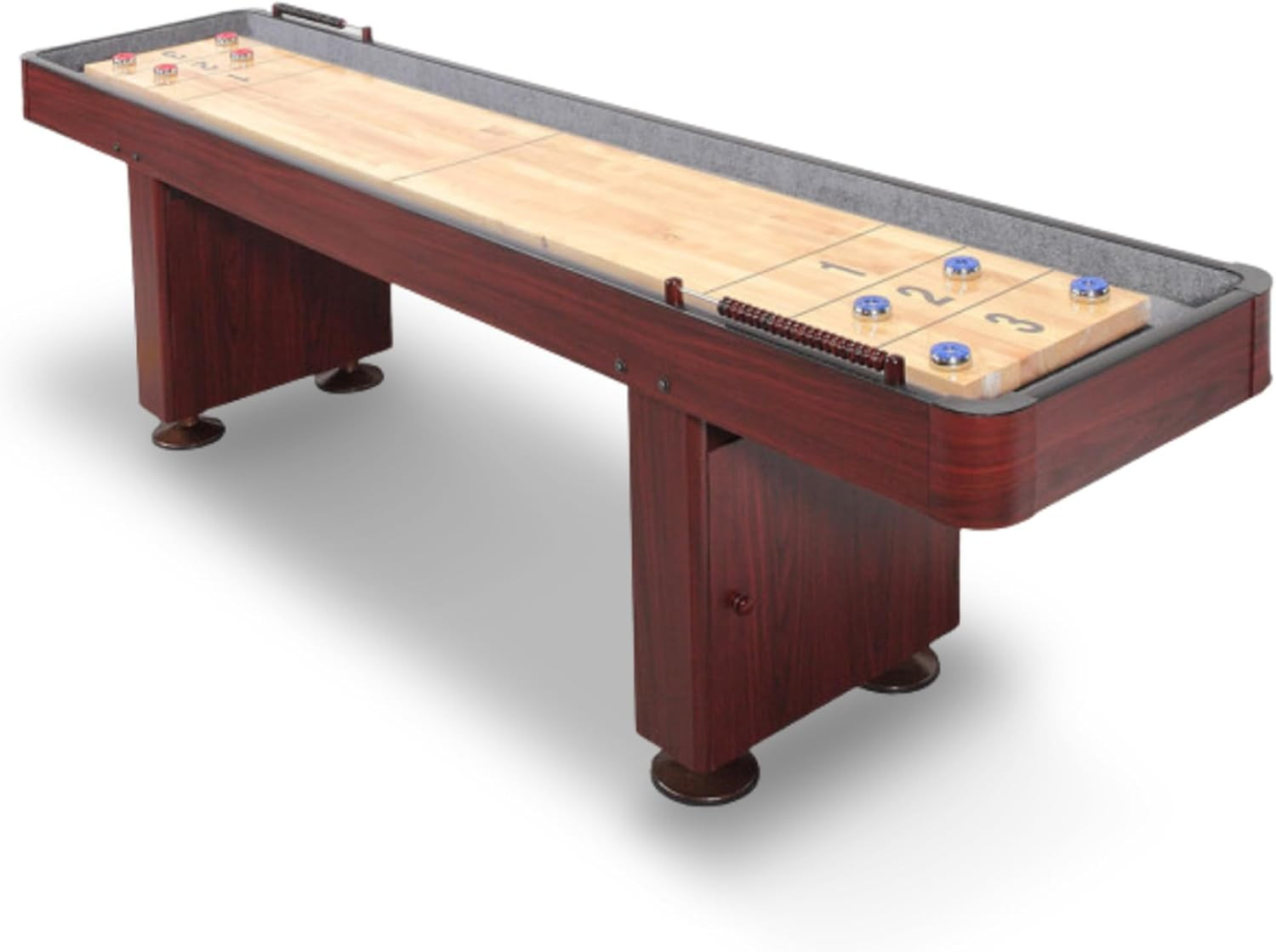 Challenger Shuffleboard Table with Dark Cherry Finish, Hardwood Playfield, Stora
