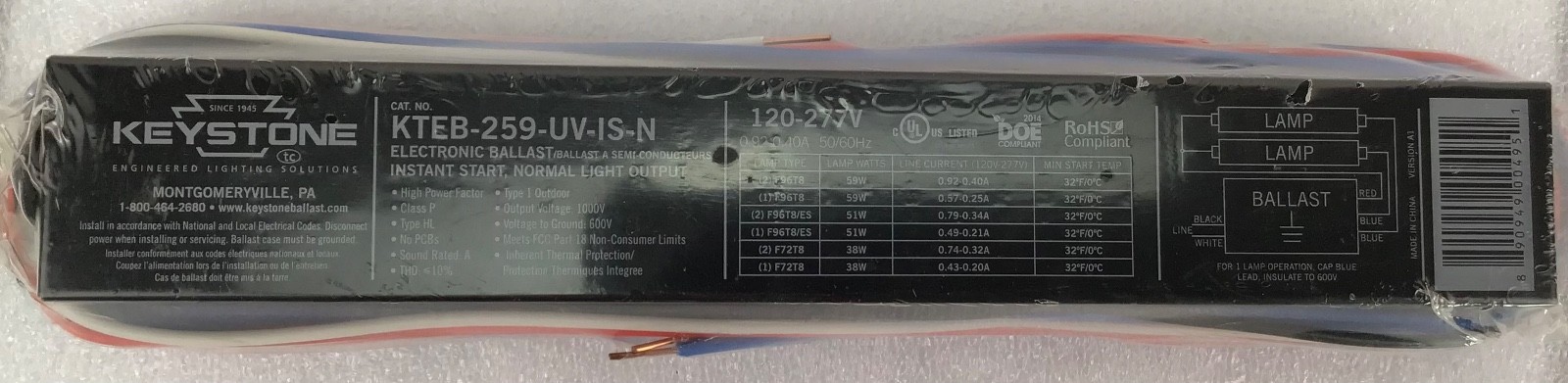 Keystone KTEB-259-UV-IS-N  2 Lamp 32 watt T8 Instant Start Electronic Ballast