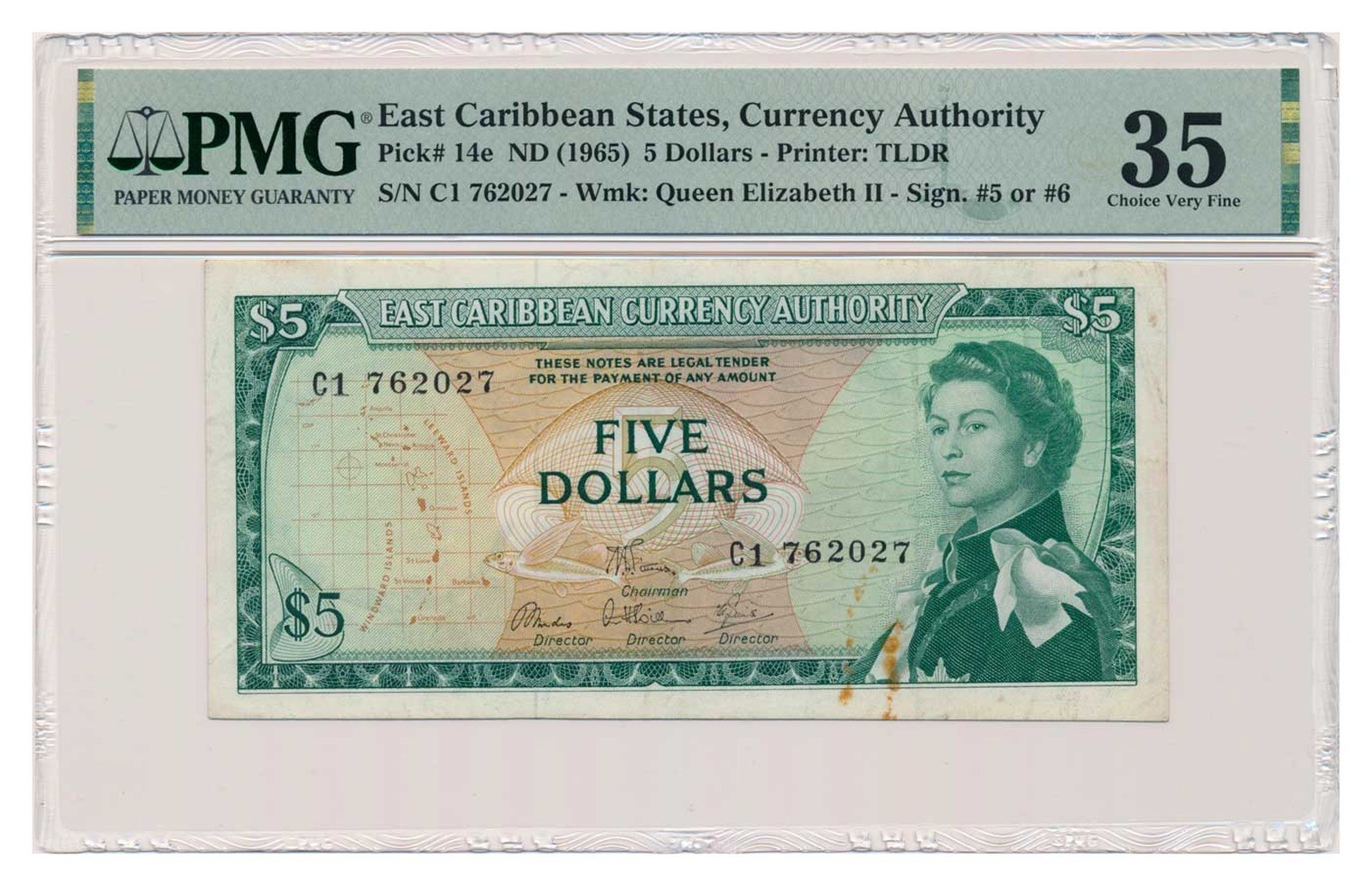 EAST CARIBBEAN STATES banknote 5 Dollars 1965 PMG VF 35 Choice Very Fine