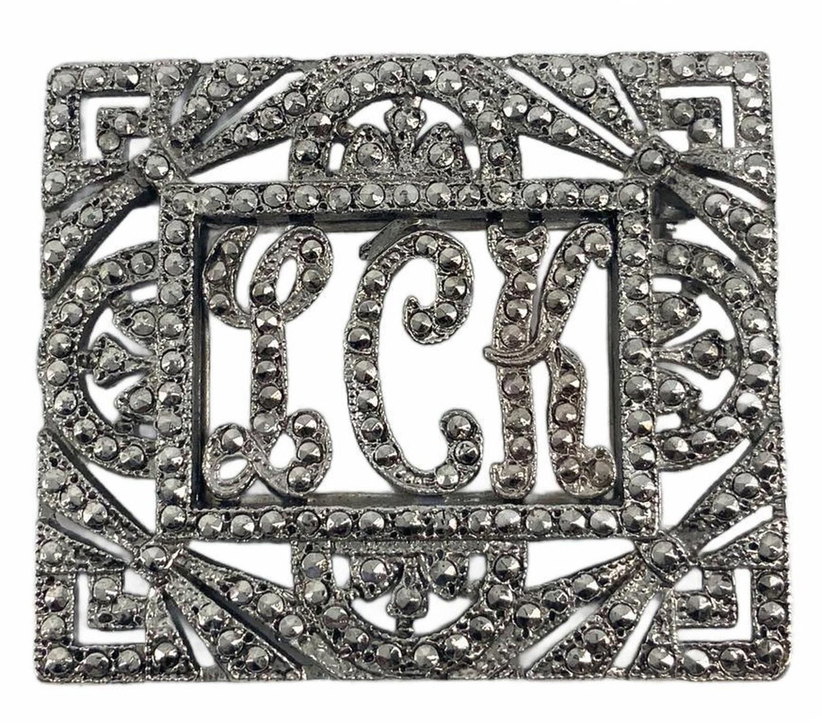 Vintage Marcasite Tone Art Deco Monogram LCK Brooch Silver Tone Geometric Pin
