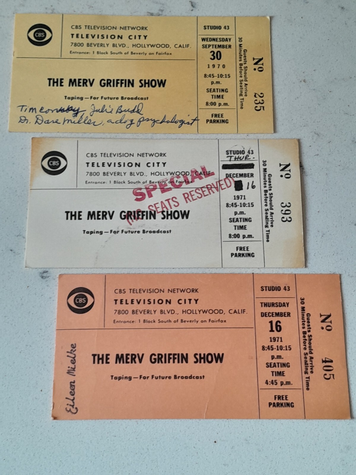 Rare Vintage 3 Tickets To The Merv Griffin Show Hollywood CA 1970/1971
