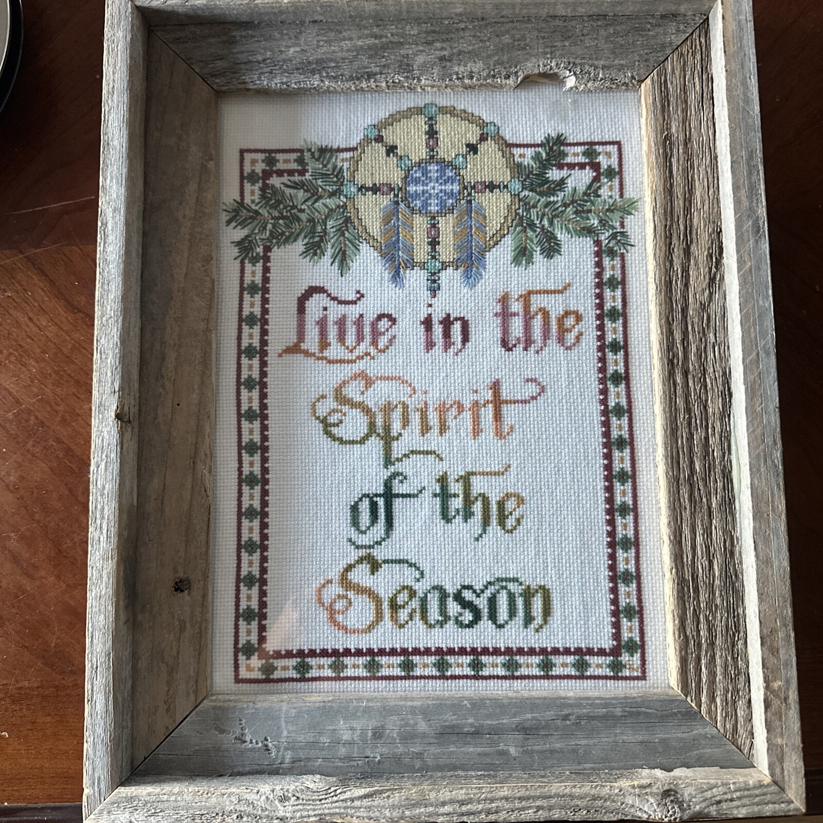Rustic CrossStitch Art Professionally Framed With Barn Wood Spirit Of The Season