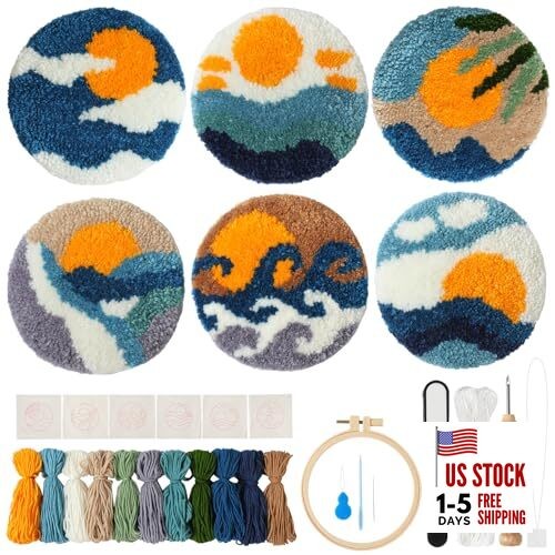  Punch Needle Coasters Kit for Beginners, 6 Pcs Easy Punch Needle Embroidery 