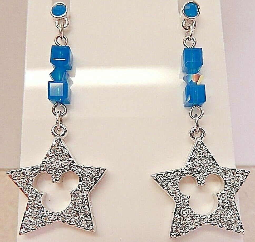 Swarovski Disney Earrings Crystal Star Mickey Mouse Caribbean Blue Post Dangle