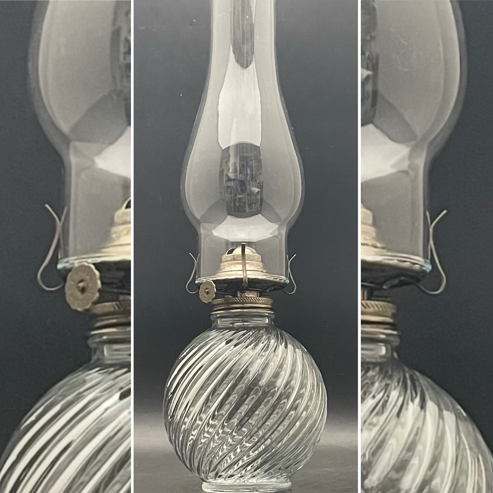 Lamplight Farms Clear Glass Swirl Ball Hurricane Oil Lamp c1980s Austria 15.5"t