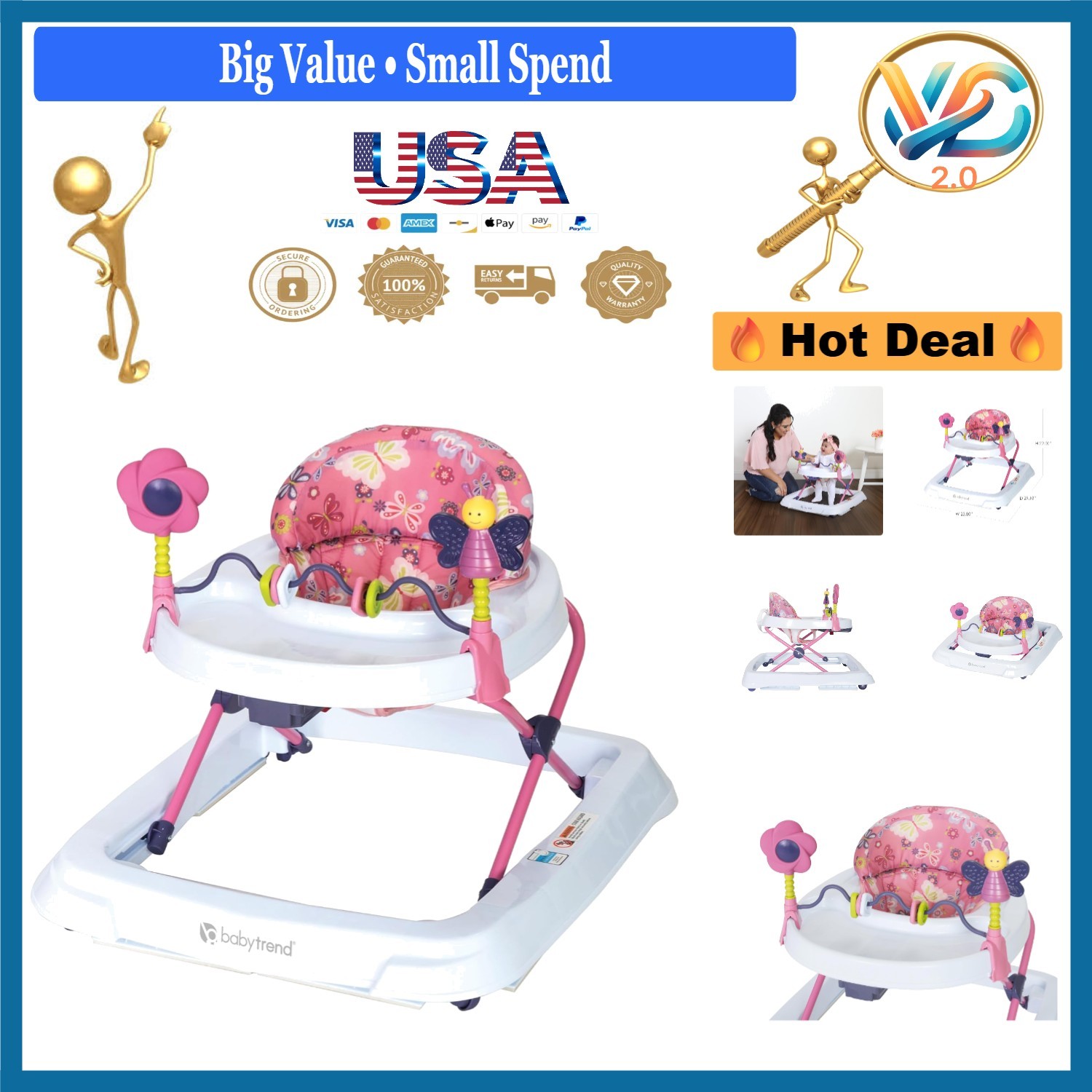 Trend Activity Walker Emily Pink with Toy Bar & Adjustable Height