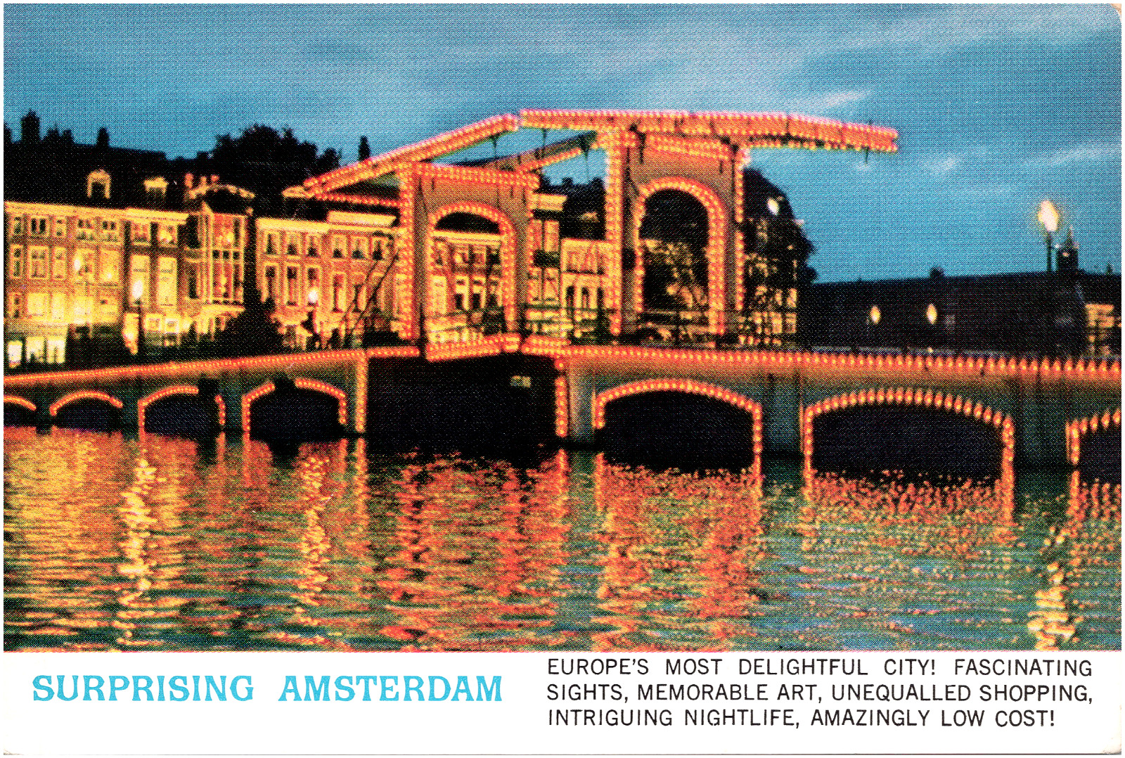 Surprising Amsterdam Lights at Night Royal Dutch Airlines KLM Postcard 4x6"