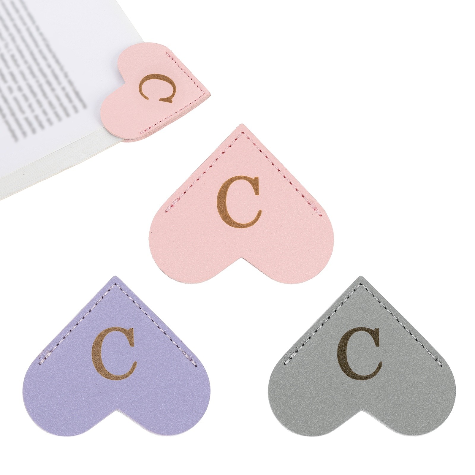 Initial C Corner Bookmarks,  3Pcs Heart Shape Leather Book Marks Markers