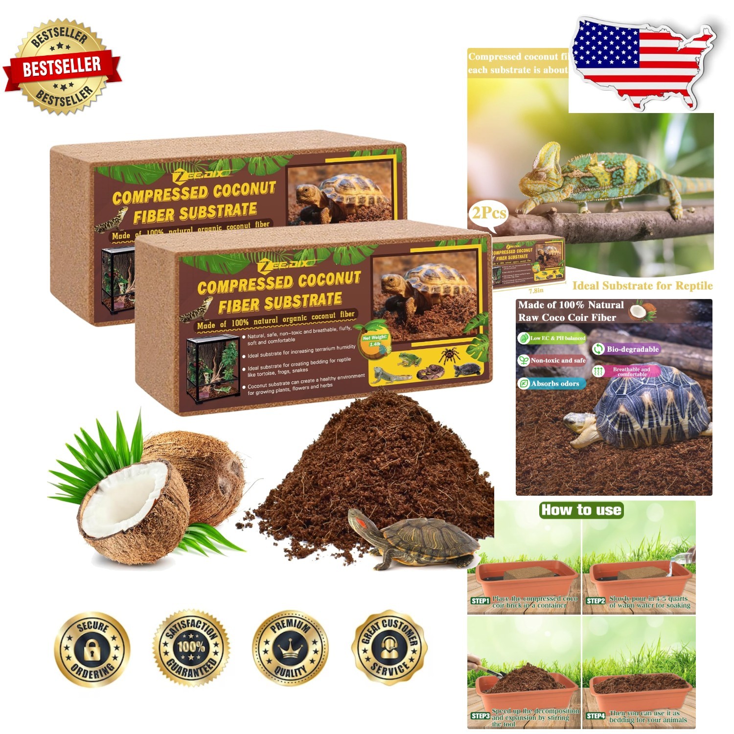 Organic Reptile Substrate 2 Pack - Breathable Coco Coir for Pets