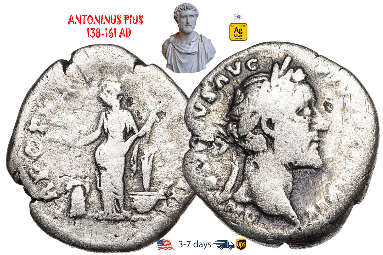Ancient Roman Empire Coin Silver Denarius ANTONINUS PIUS 138-161 AD #30063