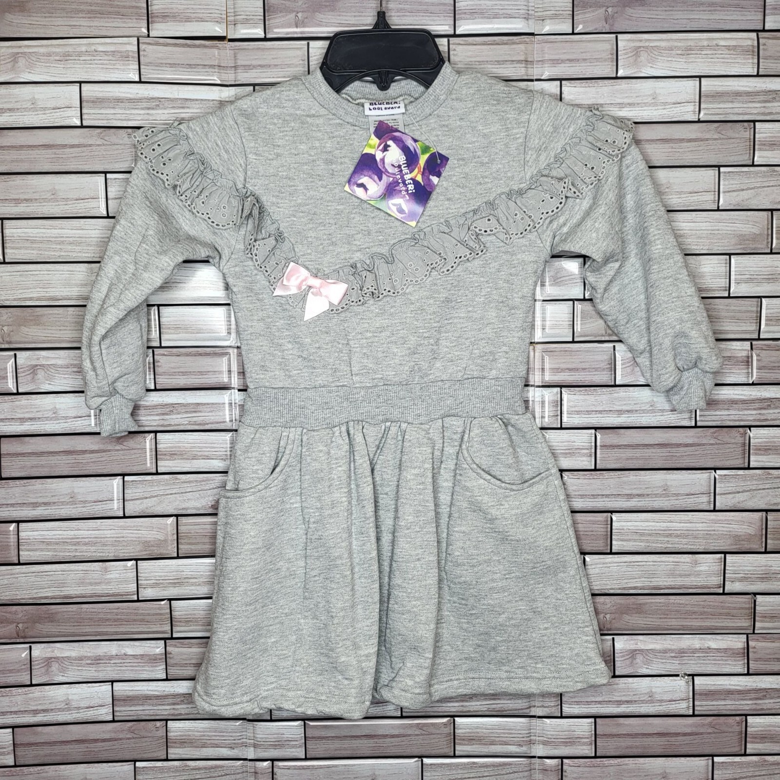 New Blueberi Girls Dress Size 6 Grey Long Sleeve Outfit Pink Bow Ruffles Top