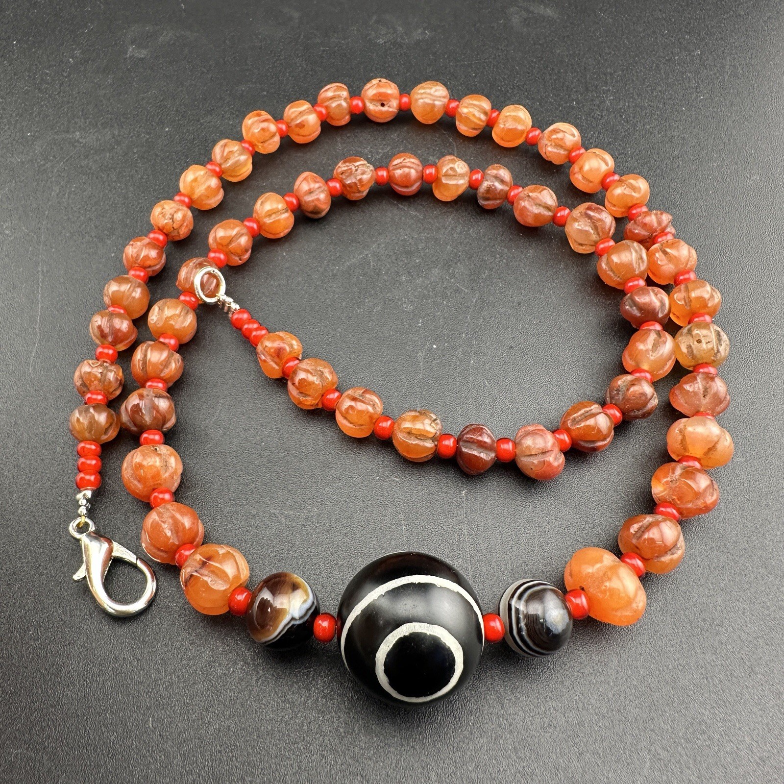 Vintage Himalayan Tibetan Carnelian  2 Eyes Agate Beads With White HeartNecklace