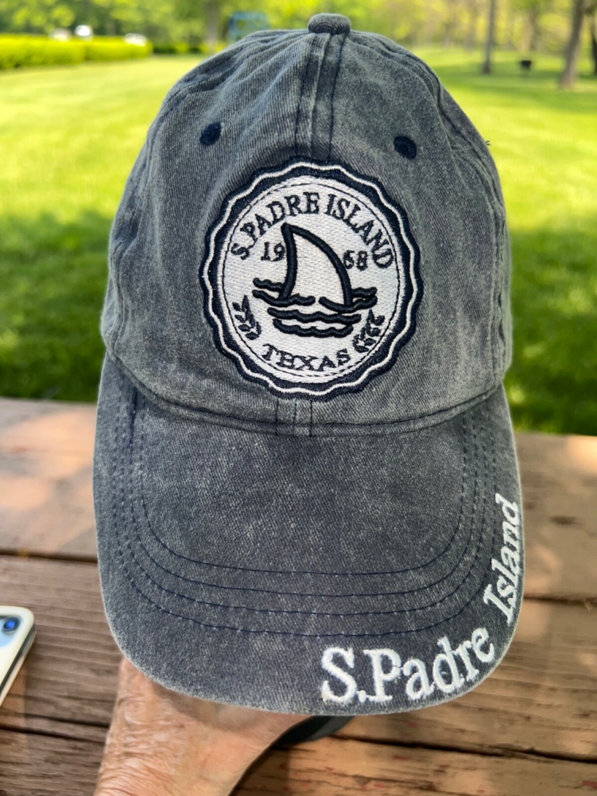 S.Padre Island Sailboat 1968 Texas Blue Denim Washed Look Hat Cap Hook Loop VGC