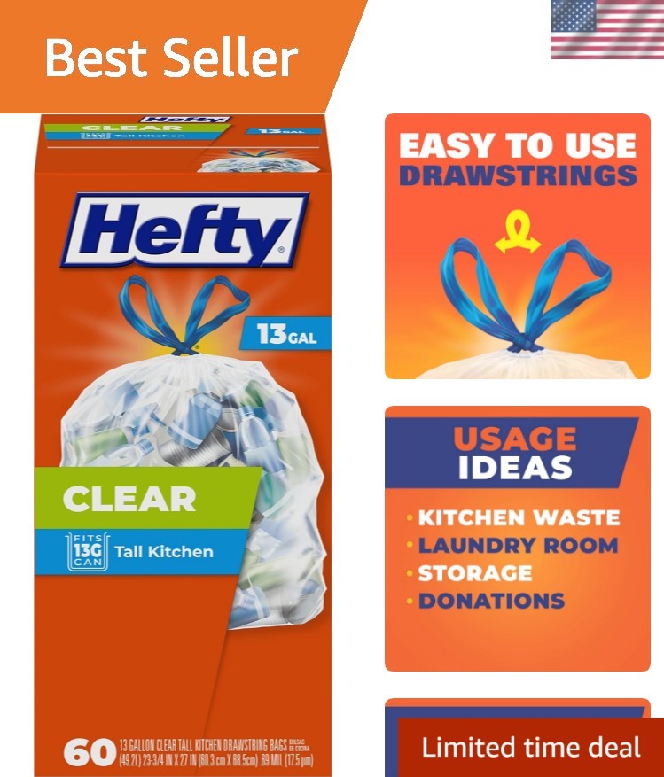 Clear Trash Bags, Clear, 13 Gallon, 60 Count