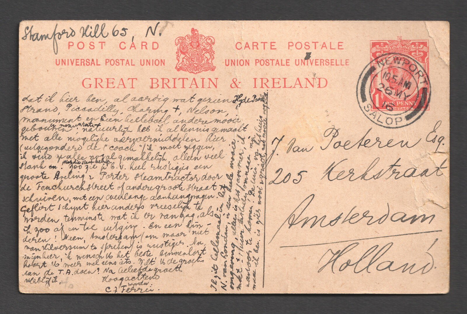 KGV Downey Head 1d Newport Salop Postal Stationery Postcard 1916 To Netherlands