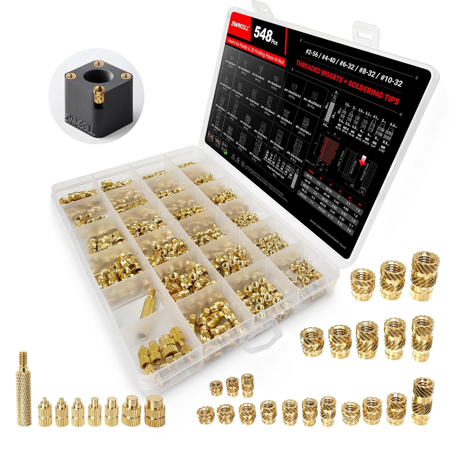 #2-56#4-40#6-32#8-32#10-32 Threaded Inserts-548 Pieces Assortment Kit+8Xsolderin