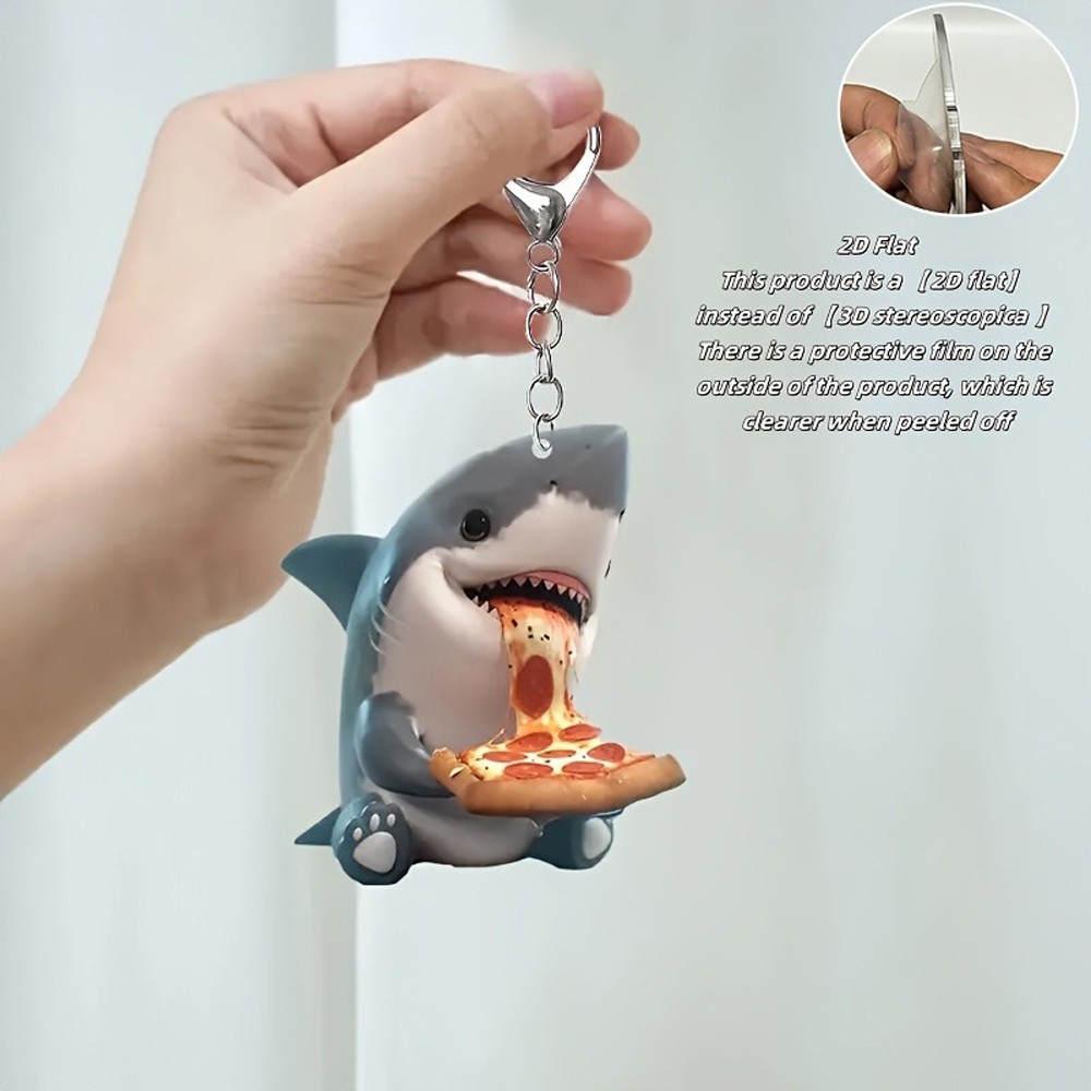 Funny Shark Eating Pizza Keychain 2D Flat Cute Backpack Accessory for Travel Use