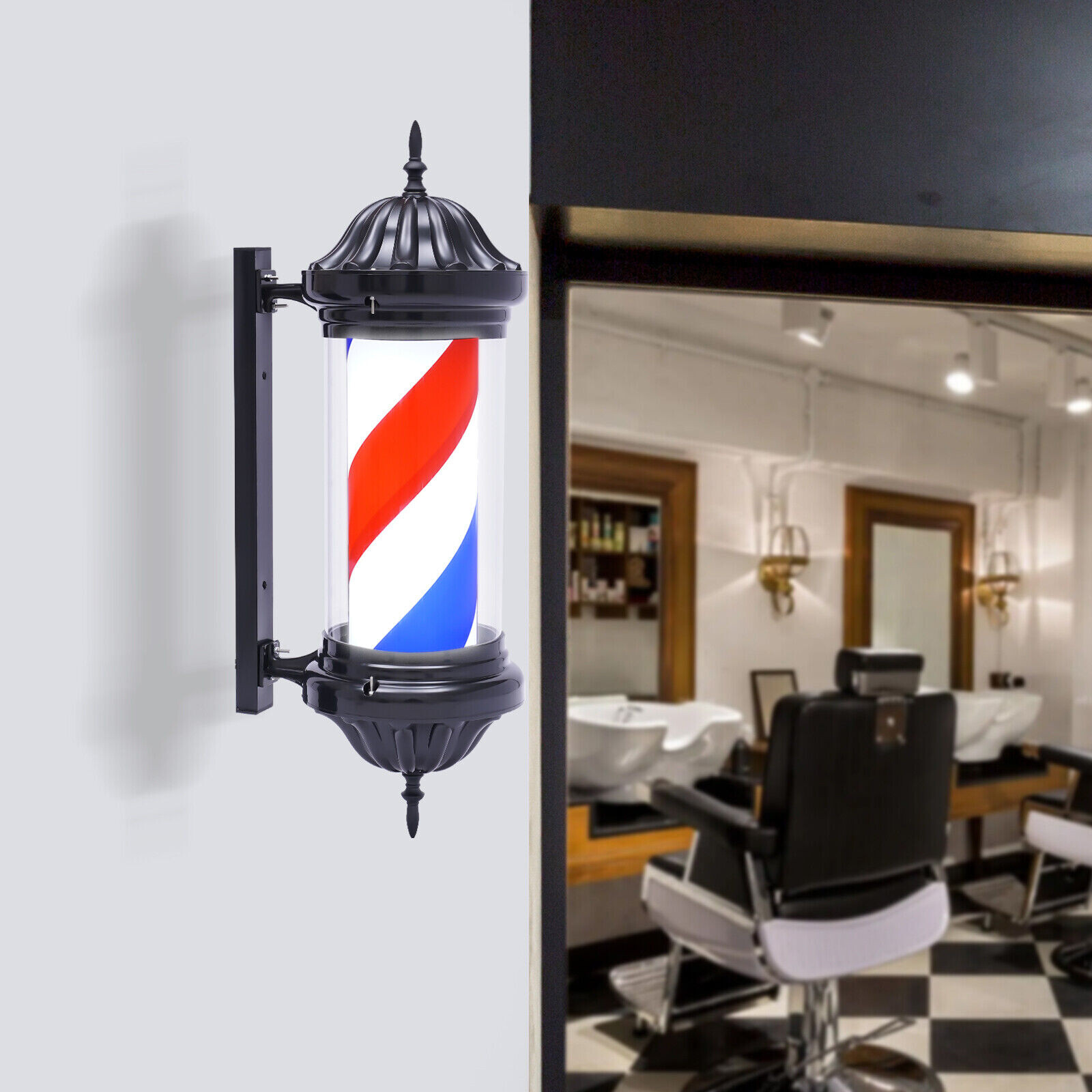 Barber Pole LED Light Red/White/Blue Rotating Stripes Hair Salon Shop Sign