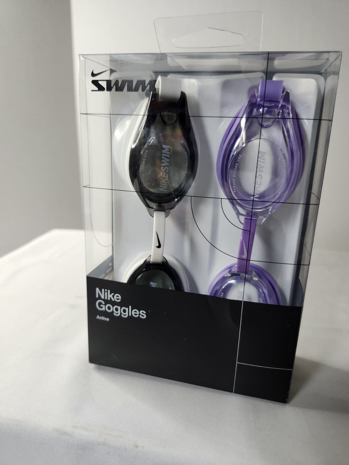 Nike Swim Active Goggles  2 Pack Black Purple UV Anti-Fog Adjustable Nose Bridge